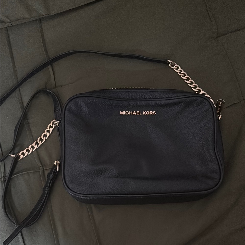 Michael Kors Black Leather Crossbody Bag with Gold Chain